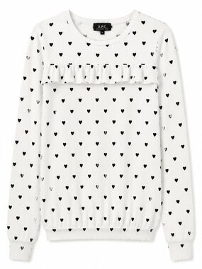 A.P.C. White Long Sleeve Heart-Print Ruffle Top